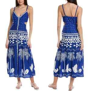 Farm Rio Mixed Ondina Blue Linen Blend Midi Dress Sz Large Resort Wear Vacation